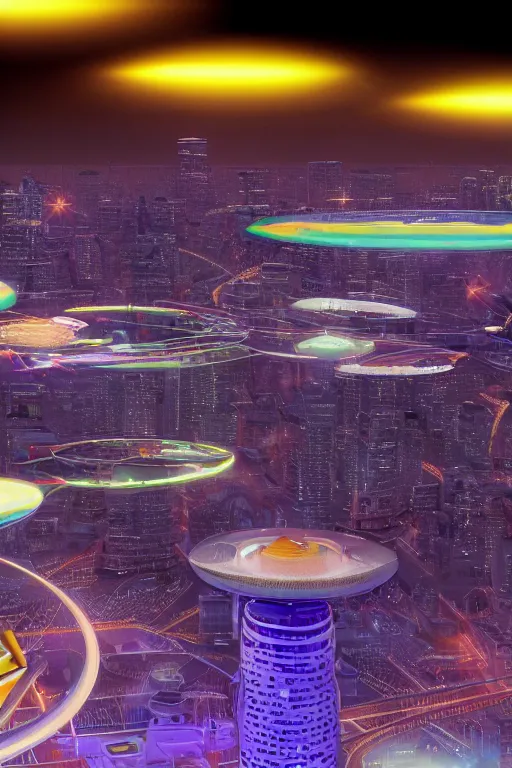 Prompt: A city of the future with thin bridges floating in the air and big unknown flying machines. The top is bright and colourful, with domes and glowing peaks of buildings; the bottom is dark and almost melting in the twilight, with glowing bright signs. Several colossal-sized moons with amazing rings are visible,