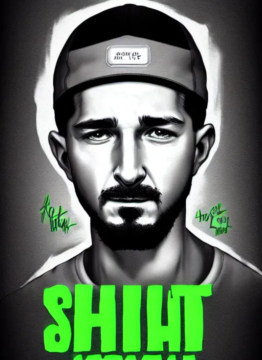 Image similar to highly detailed closeup portrait motivational poster of shia lebouf with large bold letter motivational words by greg rutkowski, by artgerm, gradient green, black and white color scheme, black border