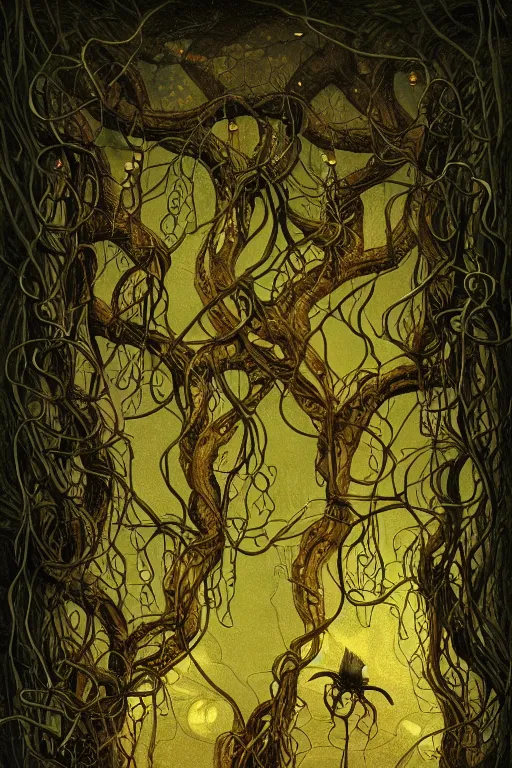 Image similar to a beautiful digital illustration painting of a detailed gothic fantasy fireflies and roots, throne and vines by giorgio de chirico, and david rios ferreira. 8 k resolution trending on artstation concept art digital illustration