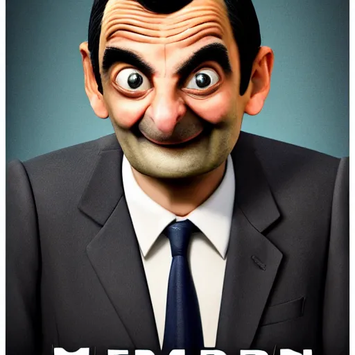 Image similar to Poster for the 2022 Mr. Bean CGI Animated Movie, Mr. Bean's head and body peaking out of the right side of the screen, Mr. Bean has a smug expression on his face, highly detailed, very detailed, extremely detailed, detailed, digital art, trending on artstation, CGI, 3D