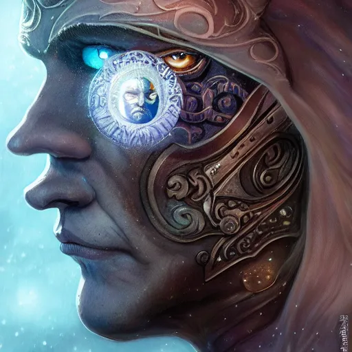 Image similar to an Artstation 3d render of Very very very very highly detailed beautiful mystic face of a phantom warrior with galaxy, tattoos by Anton Pieck, intricate, extremely detailed, digital painting, artstation, concept art, smooth, sharp focus, illustration, intimidating lighting, incredible art,