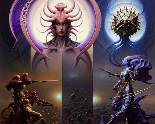 Image similar to the battle between the armies of good and evil, fantasy character portrait made of fractals facing each other, ultra realistic, wide angle, intricate details, the fifth element artifacts, highly detailed by peter mohrbacher, hajime sorayama, wayne barlowe, boris vallejo, aaron horkey, gaston bussiere, craig mullins