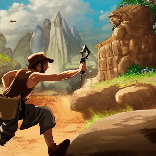 Prompt: Indiana Jones being chased by a boulder trap, boulder chase, underground sandstone temple background, giant round stone chasing Indiana Jones, raiders of the lost ark, detailed background, anime key visual