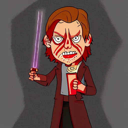 Image similar to Mark Hamil as a zombie holding a red light sabre, digital art