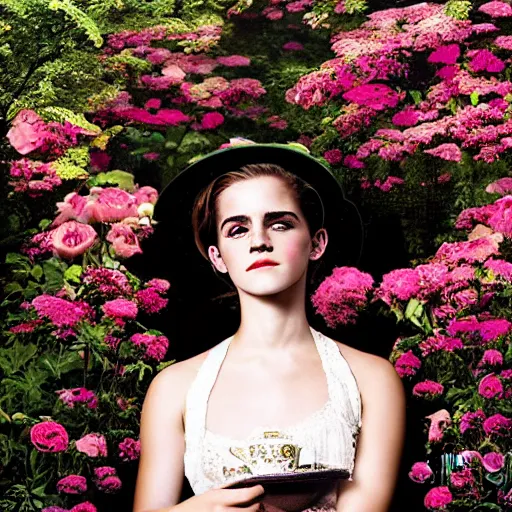 Prompt: on textured canvas full body fashion model emma watson by Winslow Homer smokey eyes makeup eye shadow fantasy, glow, shimmer as victorian woman in a long white frilly lace dress and a large white hat having tea in a sunroom filled with flowers, roses and lush fern flowers ,intricate, night, highly detailed, dramatic lighting , high quality