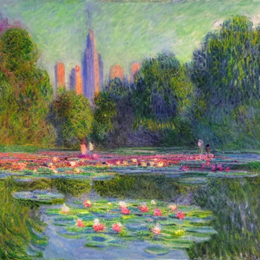 Image similar to monet's the water lily pond with a city scape in the background, neon high - rises