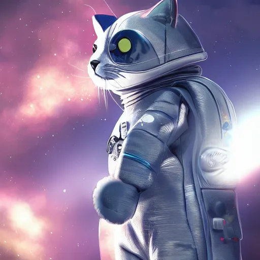 Prompt: cat in a spacesuit, futuristic, artstation style, space background, high detail