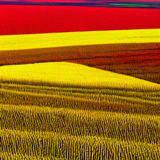 Prompt: An uncanny valley of infinite field of yellow and red corn, little corn fields hills, blue sky, no clouds, and little modern houses.