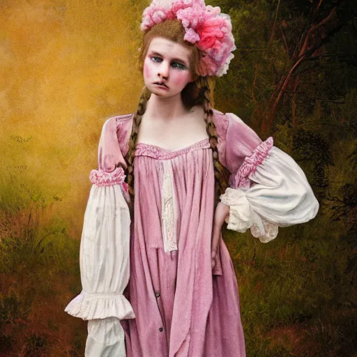 Image similar to 8 k, octane render, realism, tonalism, renaissance, rococo, baroque, cotton candy, portrait of a creepy young lady wearing bohemian long 1 9 7 0 s babydoll dress with flowers