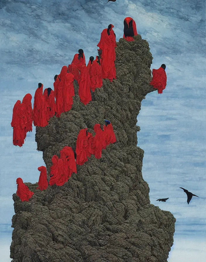 Image similar to worshippers in red robes belonging to the cult of the lighthouse climbing up the rocky cliff where the lighthouse stands, lighthouse, ravens, high detailed beksinski painting, part by adrian ghenie and gerhard richter. art by takato yamamoto. masterpiece, deep colours, blue