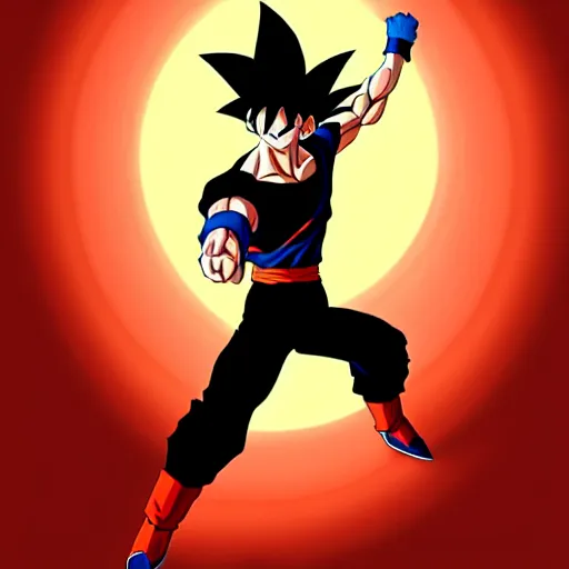 Image similar to poster of goku's silhouette with a sun in the background, simple style, all flat colors and shapes, character art, sharp focus, highly detailed, artstation