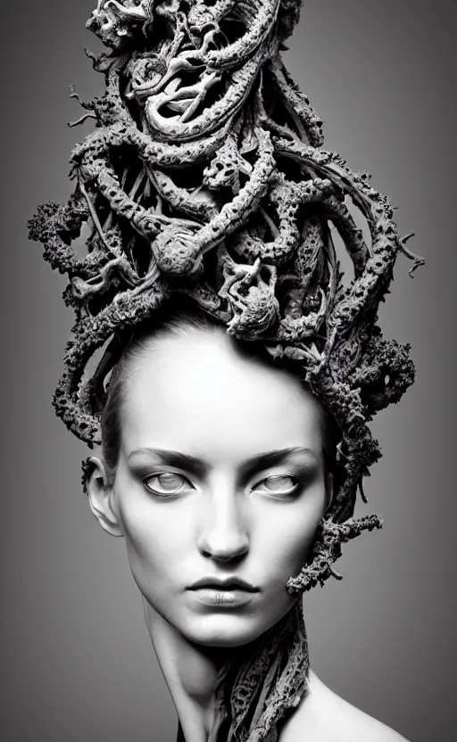 Image similar to dark background, a black and white high quality dreamy photo of a young beautiful female queen-vegetal-dragon-cyborg bust with a very long neck and delicate Mandelbrot fractal face, anatomical, facial muscles, veins, arteries, elegant, highly detailed, flesh highly baroque ornate, hair are curled wired cables, elegant, poetic, dreamy, mysterious, high fashion, rim light, in the style of Ellen von Unwerth, Realistic, Refined, Digital Art, Highly Detailed, Cinematic Lighting, rim light, black and white, photo-realistic, 8K