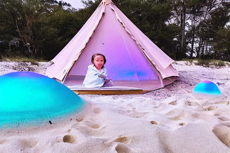 Prompt: a vintage family holiday photo of an empty beach from an alien dreamstate world with chalky pink iridescent!! sand, reflective lavender ocean water and a pale igloo shaped plastic transparent bell tent next to firepit with open blue flame. refraction, volumetric, light.