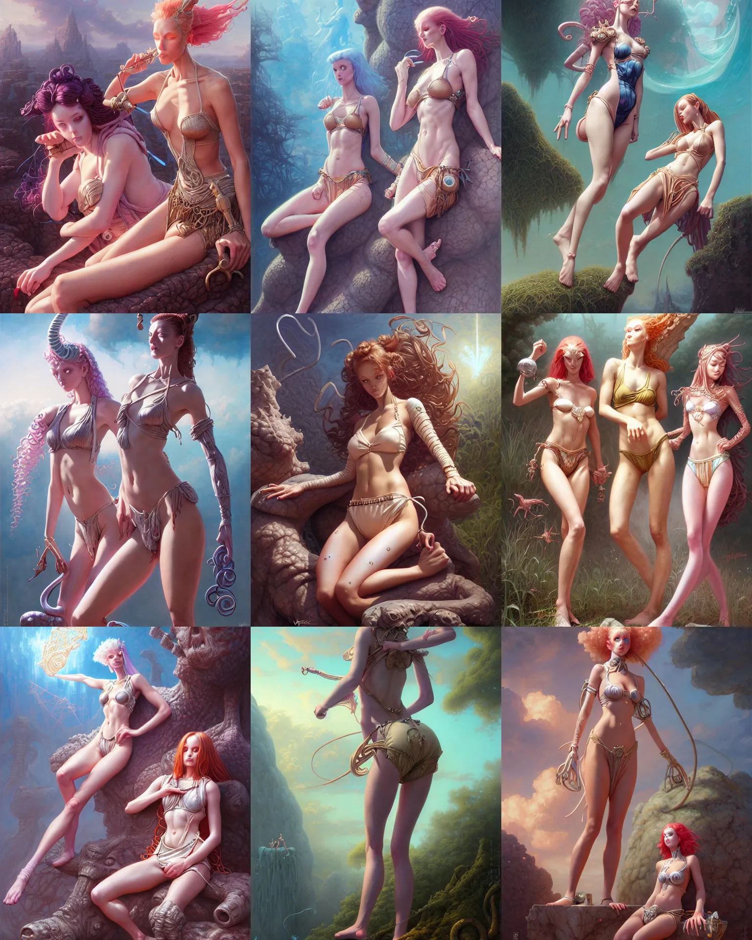 Image similar to girls resting, fantasy character portrait, bikini, skirt, shorts, long shirt, bodysuit, leotard, ultra realistic, wide angle, intricate details, the fifth element artifacts, highly detailed by peter mohrbacher, hajime sorayama, wayne barlowe, boris vallejo, paolo eleuteri serpieri