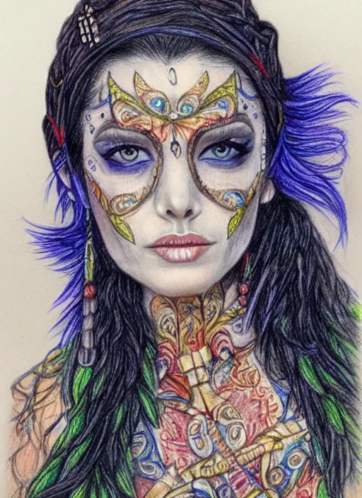 Image similar to full body detailed colored pencil drawing of a beautiful pirate female with a beautiful face wearing intricate clothing