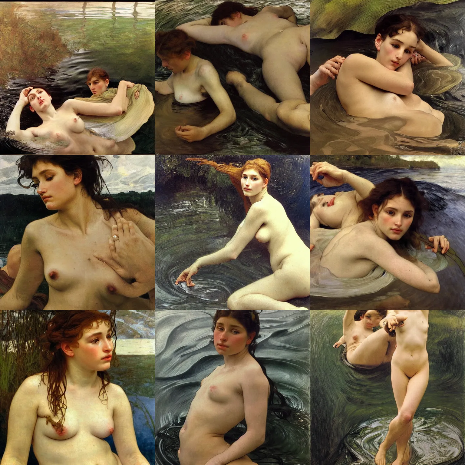 Prompt: hyperrealist portrait in a black water river, by lucian freud and bouguereau, alphonse mucha, foggy twilight lighting, very detailed faces