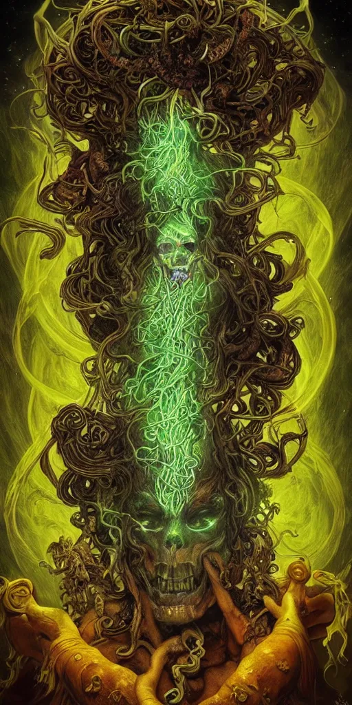 Prompt: intense glowing angry pagan fungus god with horns and tentacles and intense glowing eyes and a mossy skull in very dark cosmic space by karol bak and artgerm and alphonse mucha, portrait, fantasy, clear, light beams, lens flare, intense, uhd, amazing depth, cinematic lighting, deep green and teal and brown and shining gold