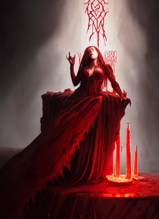 Image similar to portrait of a beautiful demon in a flowing dress made of blood, carving glowing bloody runes into a profane altar, intricate, glowing, runes, portal to hell, elegant, highly detailed, digital painting, artstation, concept art, smooth, sharp focus, illustration, art by wlop, mars ravelo and greg rutkowski