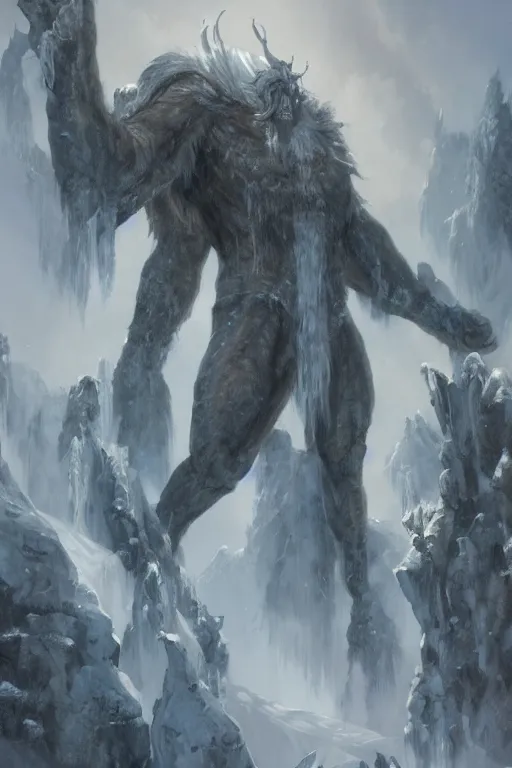 Image similar to north mythology concept art painting of ice gigant ymir the ancestor of all giants by james gurney, trending on artstation, detailed