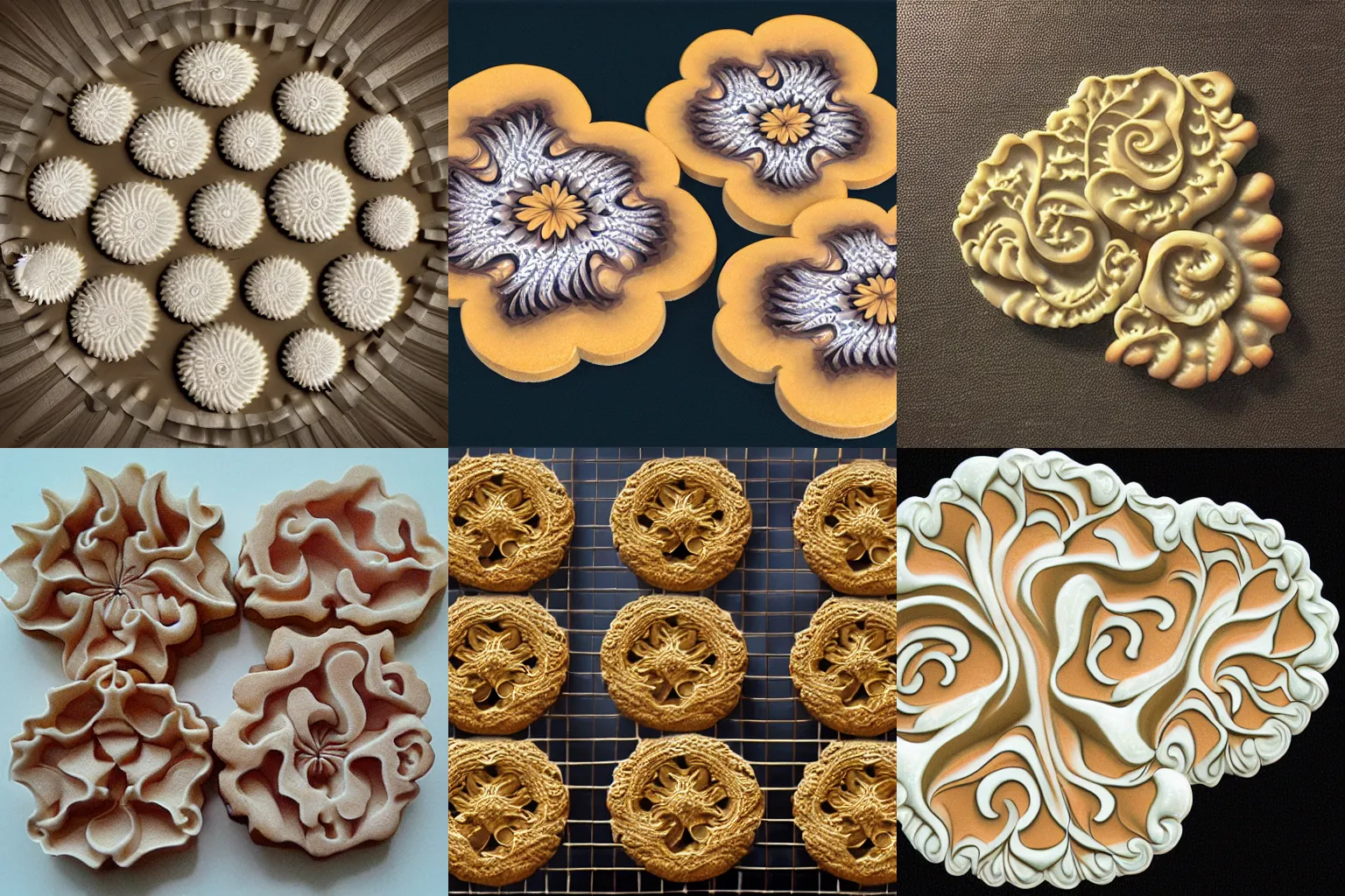 Prompt: Kleinian fractal cookies, photorealistic, highly detailed