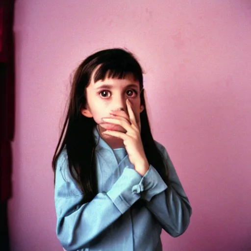 Prompt: wide shot, dark haired 10 year old girl in a pink dress looking at the camera with one hand over her mouth, surprised expression, 1990s bedroom in the background