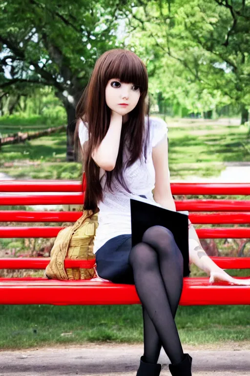 Image similar to anime style girl sitting on a bench