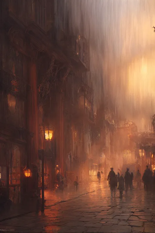 Image similar to inside the antique city of Avalon at dusk, intricate, elegant, volumetric lighting, digital painting, highly detailed, artstation, sharp focus, illustration, concept art, ruan jia, steve mccurry