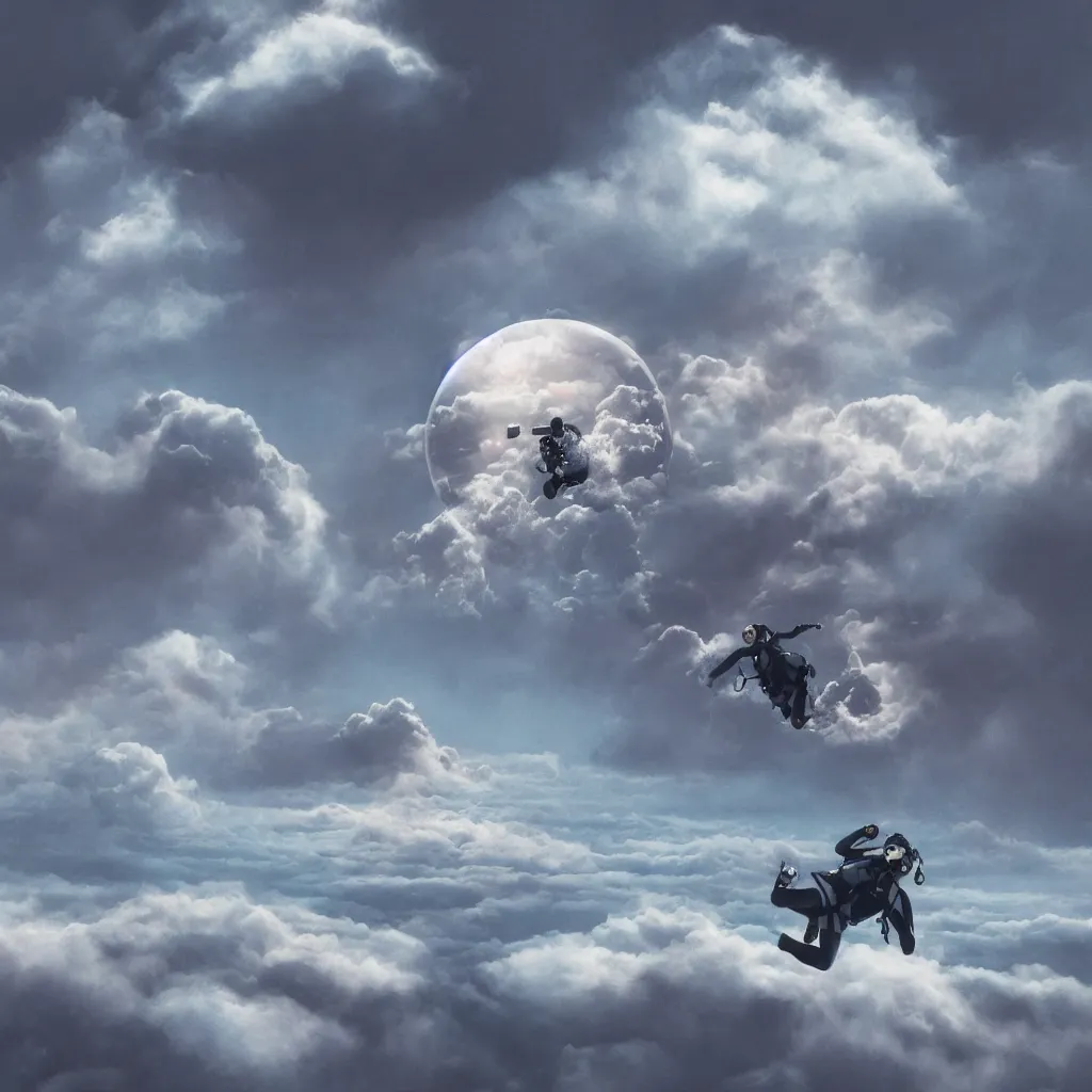 Image similar to a scubadiver floating above the clouds, digital illustration