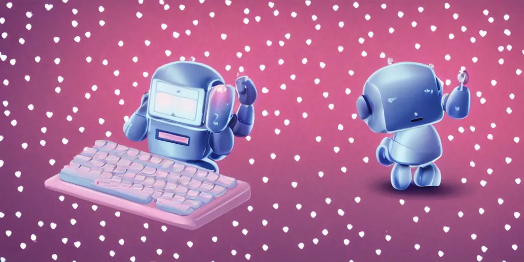 Image similar to a super cute tiny miniature realistic shiny robot typing on a keyboard with a deep blue fiber optical network in the background and lots of cute pink hearts floating around the realistic picture