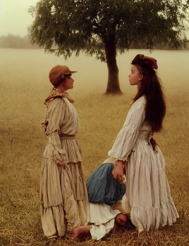 Image similar to peasant girls kissing on a farm, lolita style, Cottage core, Cinematic focus, Polaroid photo, vintage, neutral colors, soft lights, foggy, by Steve Hanks, by Serov Valentin, by Andrei Tarkovsky, by Terrence Malick, 8k render, detailed, oil on canvas