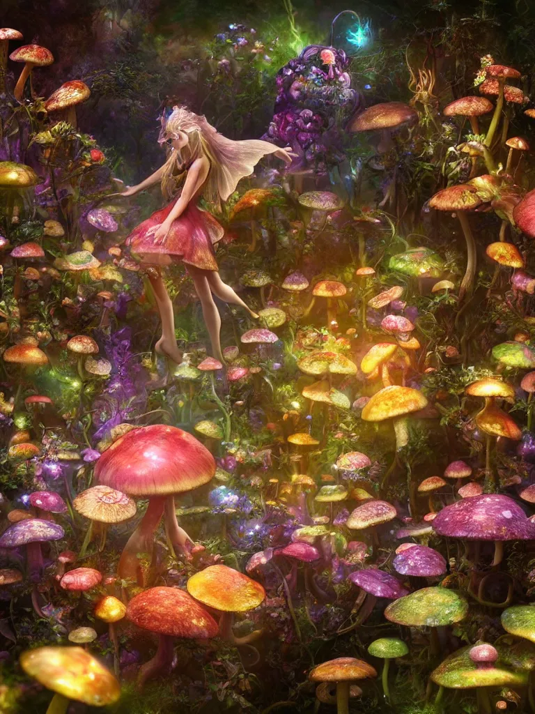 Image similar to fairy's dance in delight around a complex psychedelic engine creating mushrooms, by brian froud, octane render, 8 k, beautifully lit