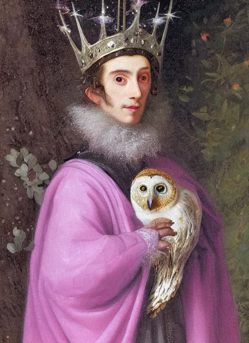 Prompt: close-up portrait of anthropomorphic owl Prince, man with a head of barn owl, glowing eyes, in a crown, wearing long royal robe, lilac, silver, black, bokeh, blurred space, stars, dreamy, romantic, painting in the museum, highly detailed, sharp focus, digital painting, artwork, by John James Audubon by Victor Adame Minguez by Yuumei by Tom Lovell by Sandro Botticelli