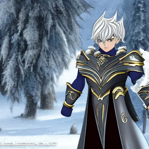 Prompt: full shot of knight inspired by Saint Seiya, wearing ice Armor, frozen scène.
