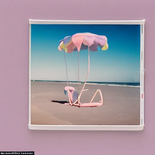 Image similar to a pastel colour high fidelity Polaroid art photo from a holiday album at a seaside with abstract inflatable parachute furniture, all objects made of transparent iridescent Perspex and metallic silver, no people, iridescence, nostalgic