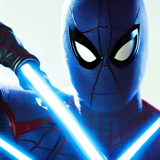 Prompt: spider - man fighting with a blue lightsaber, photorealistic, unreal engine