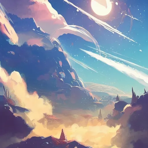 Image similar to a spaceship crashed into a foreign planet, lush. The spaceship is buried in the ground. beautiful white clouds. in the style of digital art, artstation trending, rossdraws, breath of the wild