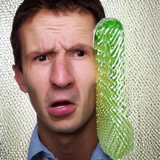 Image similar to portrait of a man who's face is made of bubble wrap plastic, he looks terrified