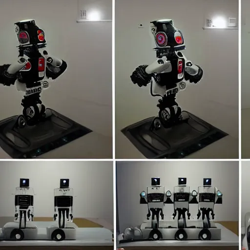 Prompt: a front view, side view and back view of the same robot, the robot has no legs and hovers