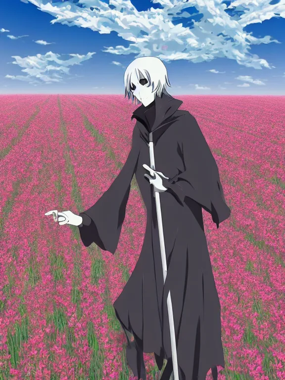 Image similar to grim reaper with no facr in flower field, anime style, high detail, high resolution,