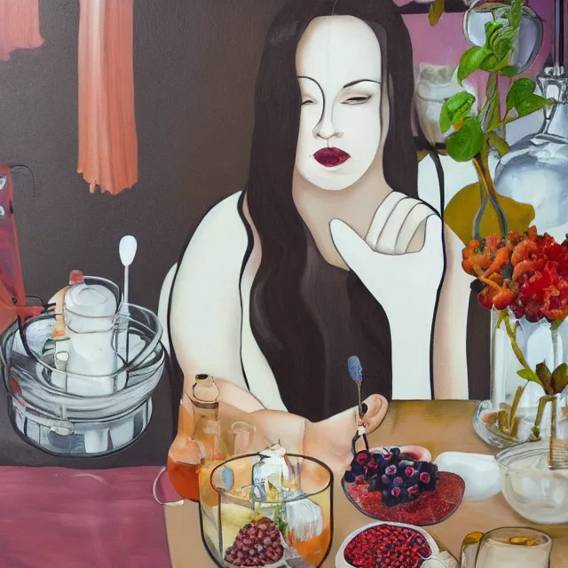 Prompt: sensual, a portrait in a female art student's apartment, berry juice drips, pancakes, soymilk, cinnamon, maple syrup, woman holding pork from inside a painting, berries, alpaca, houseplants in scientific glassware, art supplies, white candles, neo - expressionism, surrealism, acrylic and spray paint and oilstick on canvas