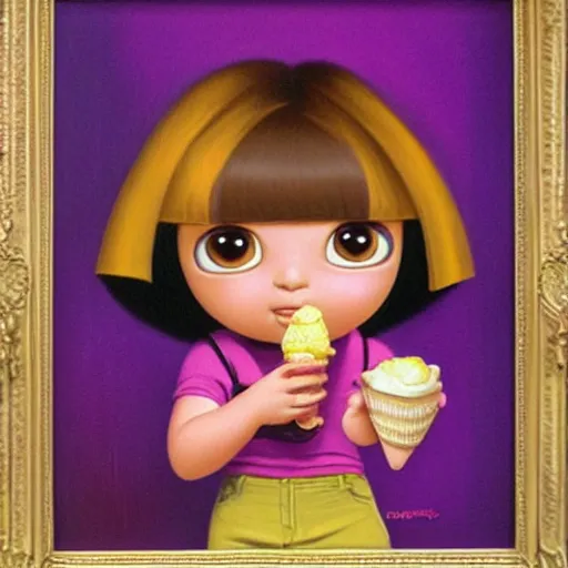 Image similar to dora the explorer as real girl holding ice cream, in lowbrow style, Pop Surrealism oil painting by Mark Ryden and Todd Schorr