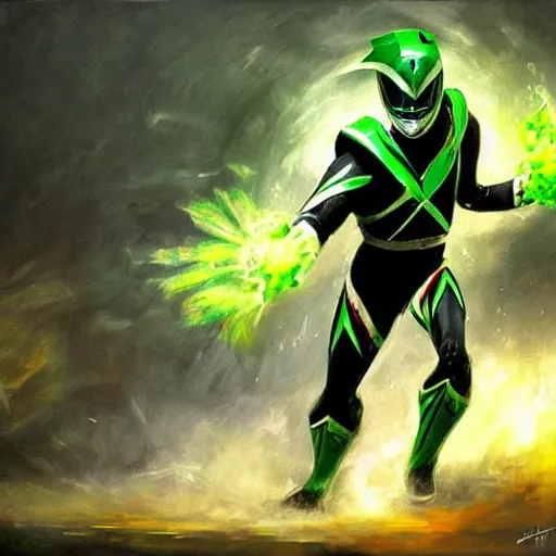 Prompt: green power ranger dragonzord, realistic, ultrahd, jeremy mann painting