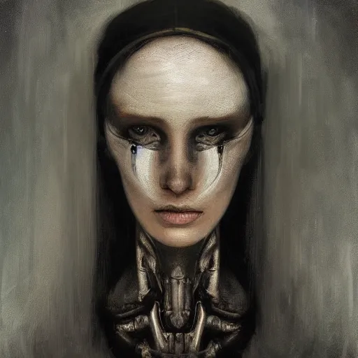 Image similar to surreal portrait of a woman by Greg Rutkowski and H.R Giger, symmetrical face, she is about 30 years old, she is about 30 years old, pretty, blond hair with two strans around her face, slavic features, melancholic gaze, pretty aquiline nose, transformed into a kind of biomechanical transhuman goddes, uncany but fascinating, sad but determined look, cosmic void background, frightening, fascinating, highly detailed portrait, digital painting, book cover, artstation, concept art, smooth, sharp foccus ilustration, Artstation HQ