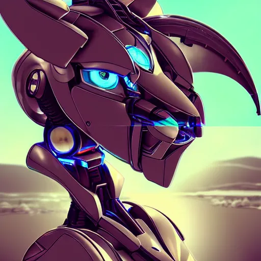 Image similar to amazing close bust shot of a cute and beautiful anthro female robotic mecha dragon standing in front of the camera, has two adorable blue eyes on a smooth draconic head with two horns, a sleek yet elegant design, with two big epic wings behind her, two arms, the background is of the beach at night; high quality digital art, artstation, deviantart, furaffinity, high quality detail