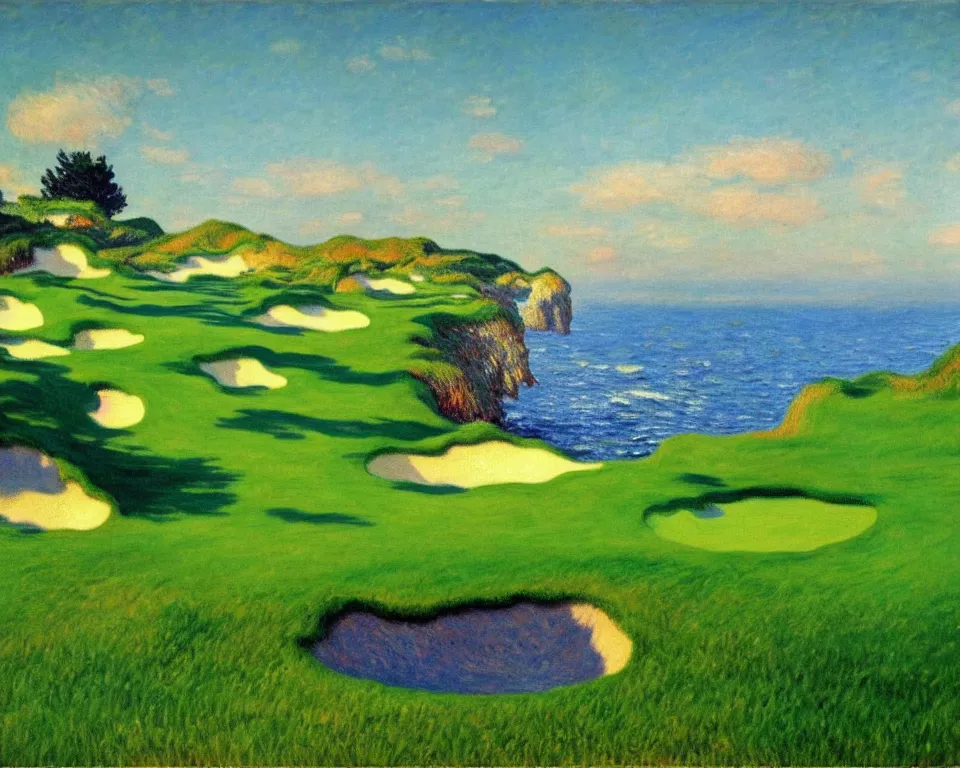 Image similar to achingly beautiful painting of bandon dunes par 3 by rene magritte, monet, and turner.