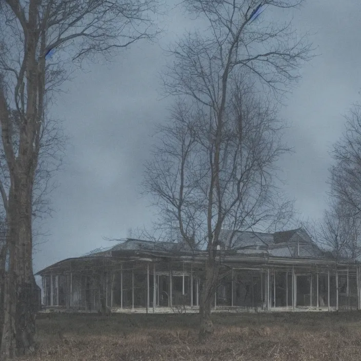 Image similar to a building in a serene landscape, horror fiction