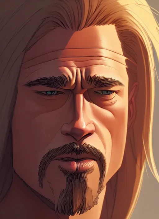 Prompt: centered!! macro head portrait of medieval brad pitt, artstation, detailed cartoon, elegant, digital painting, concept art, smooth, sharp focus, illustration, ghibli, makoto shinkai, don bluth, fujita goro, jean giraud, akihiko yoshida, tom whalen 8 k