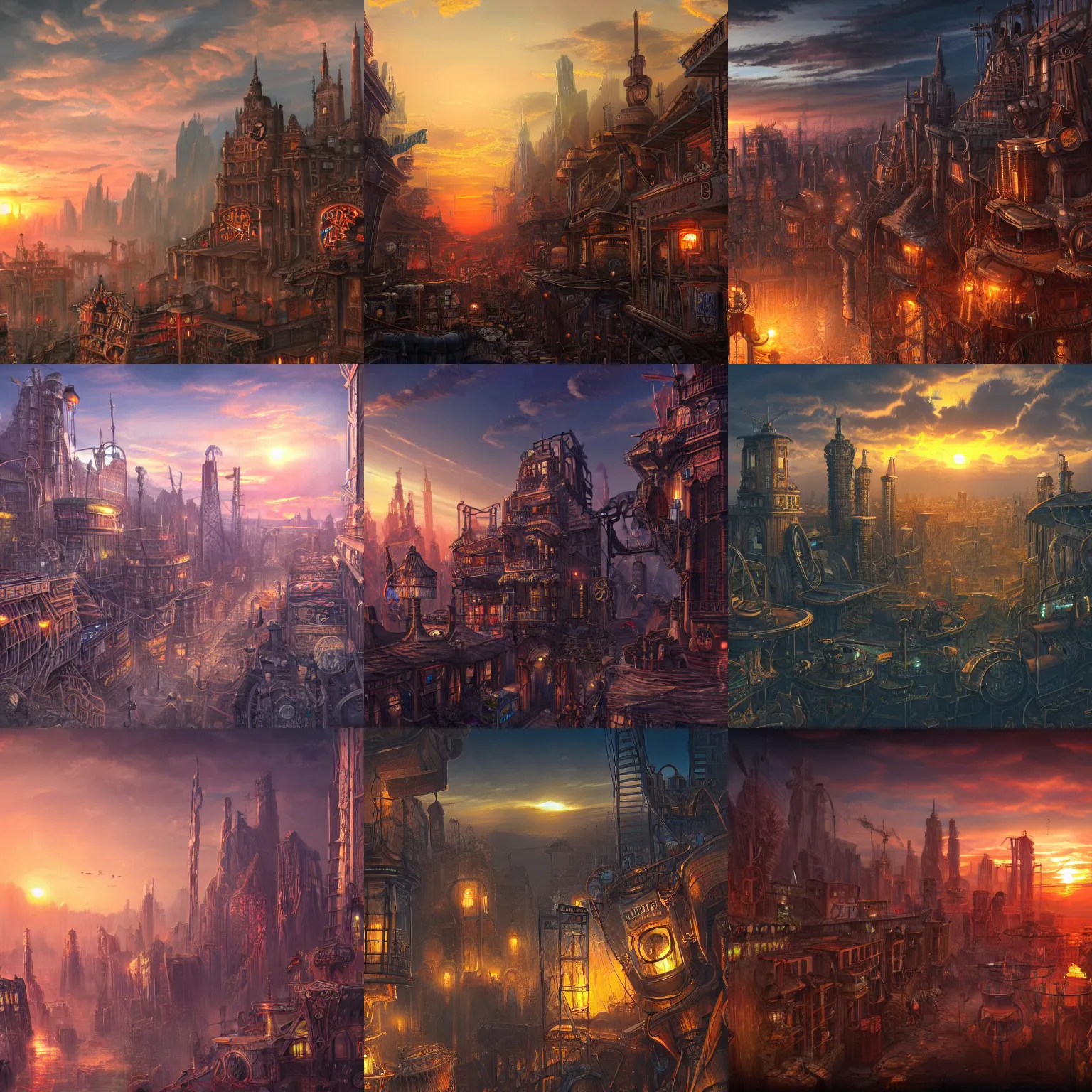 Prompt: landscape of a steampunk city, sunset, ultra high detail ,fantasy art, trending on artstation