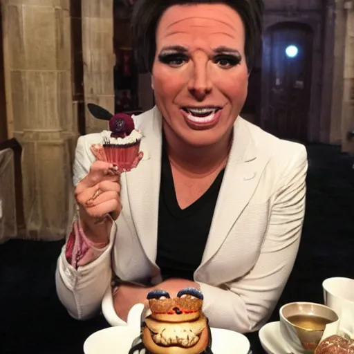 Image similar to jodie marsh/Michael mcintyre hybrid having tea at the ritz