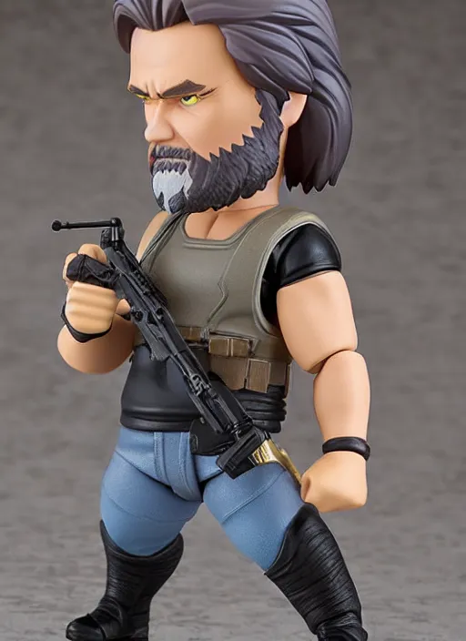 Prompt: kurt russell, a nendoroid of kurt russell is snake plisskin figurine, black tank top, grey pants, escape from new york, realistic face, detailed product photo